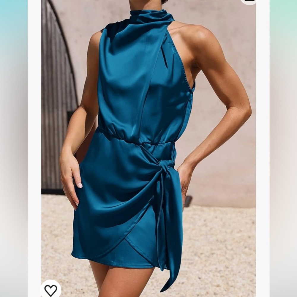 NWT pretty garden satinyTeal mock neck,sleeveless, detailed mini dress M